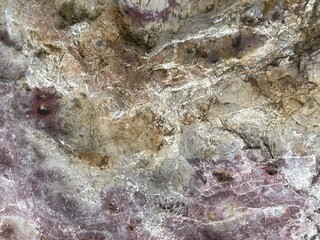 The image depicts a textured rock surface with various shades of gray, beige, and purple, showcasing natural patterns and mineral formations.