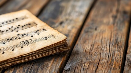 Old Sheet Music Stack on Rustic Wooden Surface Vintage Aesthetic Detailed Texture