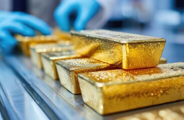 Gold bars on a stainless steel surface, handled by gloved hands