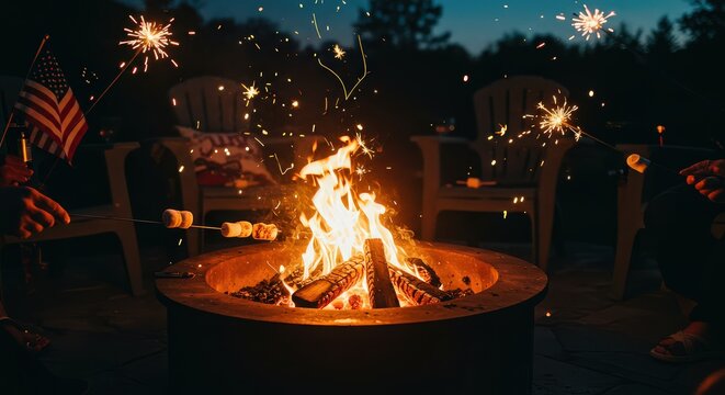 Celebration with sparklers and roasting marshmallows around a fire pit with american flag at night - Powered by Adobe