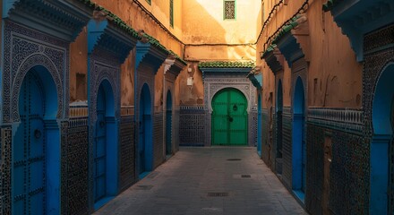 Obraz premium Old Moroccan medina with colorful doors and intricate tiles