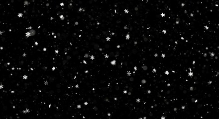 Falling snowflakes with detailed crystalline structures on dark black background for winter holiday greeting cards and seasonal design projects