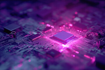 Neon Glowing CPU on Futuristic Computer Motherboard Driving AI Innovation
