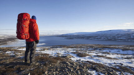 Obraz premium Person red jacket with large backpack stands rocky terrain overlooking vast snowy landscape and lake clear blue sky. This scene evokes sense