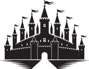 Obraz premium Majestic medieval castle silhouette with flying flags