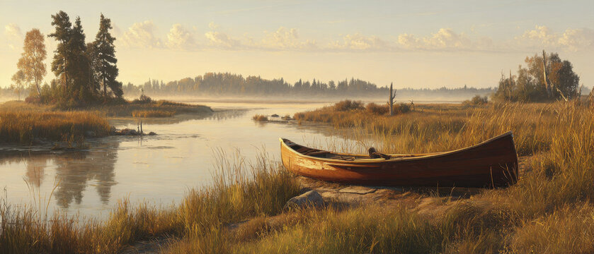 Serene landscape with wooden boat on riverbank surrounded by tall grass and trees under soft, golden sky. Perfect for survival guide