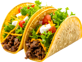 Two delicious tacos filled with seasoned ground beef, lettuce, tomatoes, cheese, cilantro, and sour cream, displayed against a white background.