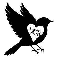 Perched songbird silhouette with heart cut out and love bird text, bold black vector art