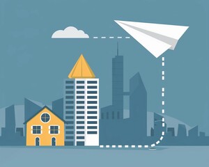 Paper airplane flies over city skyline, connecting home and modern architecture on a clear day