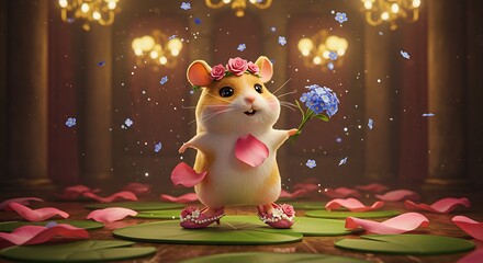 Fototapeta premium Enchanting hamster princess in floral crown holding blue flowers with magical floating petals celebration