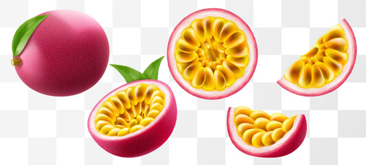 Passion fruit. whole fruit, half and sliced isolated on transparent background. Set of ripe passion fruit or passiflora edulis for package design. Realistic 3d Vector illustration of tropical fruits.