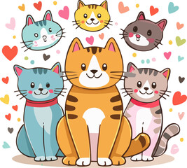 Fototapeta premium Cute cartoon cats with hearts. Adorable cats with colorful hearts. Playful cats in bright artwork. Colorful cat characters with love. Happy cats with heart-shaped accents