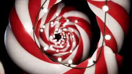 Festive red and white candy cane tunnel with twinkling lights creating a magical, vibrant holiday season experience - Powered by Adobe