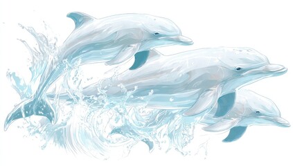 Three white dolphins leap through a spray of water