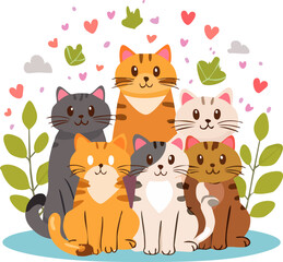 Obraz premium Colorful happy cats and heart accents. Cute cats with playful heart shapes. Fun and vibrant cat characters with hearts. Lovely cartoon cats with love hearts. Colorful feline friends with heart details