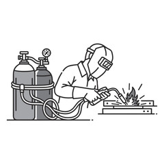 Welder using oxy-acetylene torch to weld metal, safety gear, gas cylinders.