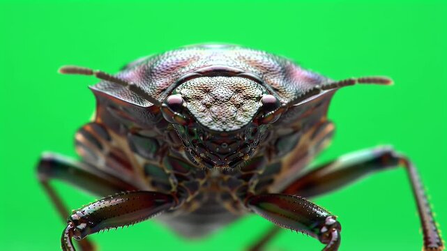 Macro Close-up Portrait of a Stink Bug or Shield Bug Against a Vibrant Green Background, Showcasing Intricate Exoskeleton Details and Compound Eyes...