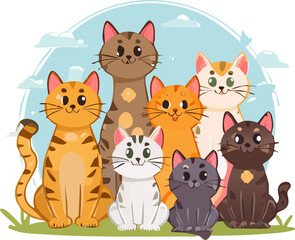 Naklejka premium Cute cat trio with hearts and smiles. Cats under a bright sky, happy and playful. Colorful tabby cat family with clouds. Cute cats with bow ties and hearts. Happy cat family with rainbow hearts