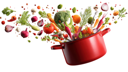 cooking pot, fresh vegetables, cooking utensils, flying ingredients, red cookware isolated on a white background