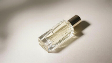 Minimalist Still Life: Transparent Square Perfume Bottle with Elegant Design