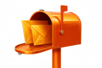 Orange mailbox full of golden envelopes with raised flag, isolated on transparent background, ideal for communication concepts