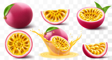 Passion fruit. whole fruit, half and sliced isolated on transparent background. Set of ripe passion fruit or passiflora edulis for package design. Realistic 3d Vector illustration of tropical fruits.