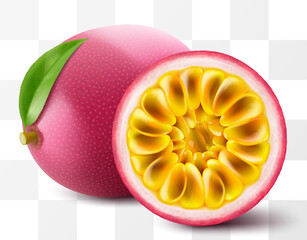 Whole passion fruit, half and sliced fruits isolated on transparent background. Ripe purple passion fruit or passiflora edulis for package design. Realistic 3d Vector illustration of tropical fruits.