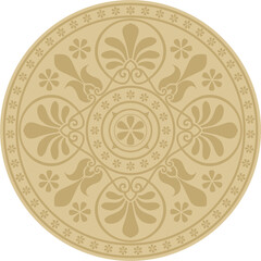Vector golden classic Greek round ornament. Circle of Ancient Greece and the Roman Empire. Byzantine painting of walls, floors and ceilings. Decoration of European palaces.
