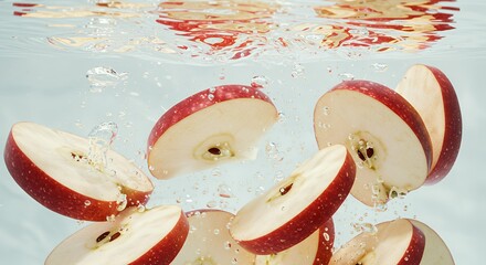 Apple slices submerged underwater with bubbles rising to surface, red skinned fruit floating in clear water showing fresh white interior