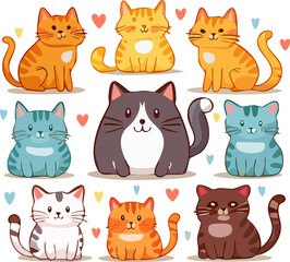 Sweet cat art with colorful hearts. Whimsical kitten art with love hearts. Cute cats in cartoonish design style. Heartfelt kitten illustration in art. Bright colorful cat characters design