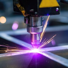 Close-up of industrial laser cutting machine in action.  Sparks and vibrant purple light emanate from the cutting head as it precisely carves metal