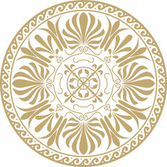 Vector golden classic Greek round ornament. Circle of Ancient Greece and the Roman Empire. Byzantine painting of walls, floors and ceilings. Decoration of European palaces.
