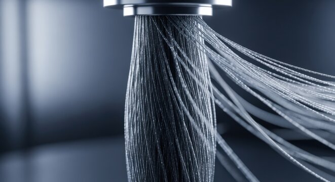 Macro shot of carbon nanotube yarn fibers emerging from a spinning tower revealing intricate nanoscale structures and fine thread details.
