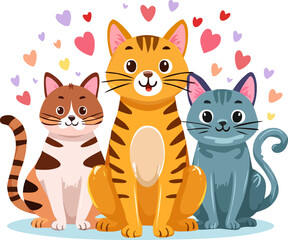 Obraz premium Playful kitten illustrations with hearts. Adorable cats with sweet heart symbols. Cute cat designs with vibrant hearts. Bright and cute kitten art with hearts. Charming cartoon cats with love symbols