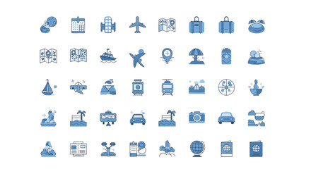 travel-related icons. icons include symbols for travel, holiday, hotel, vacation, tourism, beach, maps, plane, suitcases and more