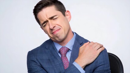Professional man experiences shoulder discomfort while seated in a chair during a busy workday in an office setting