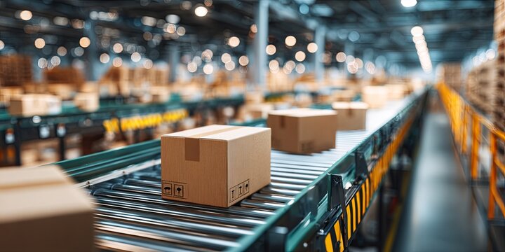 Modern Warehouse with Conveyor System Transporting Cardboard Boxes for Efficient Distribution and Storage Management in Logistics Operations