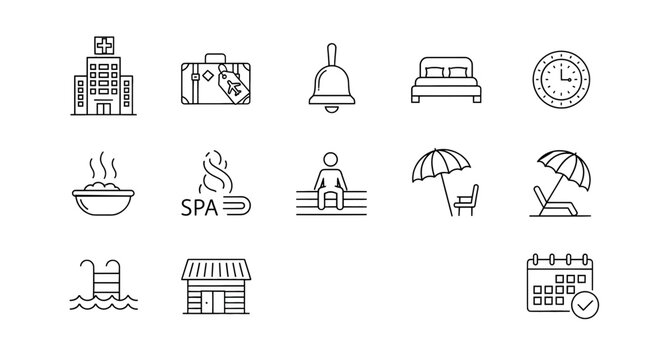 travel-related icons. icons include symbols for travel, holiday, hotel, vacation, tourism, beach, maps, plane, suitcases and more