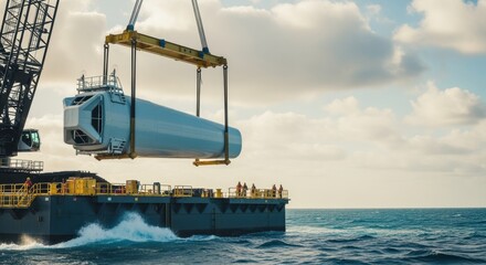 Detailed image of offshore wind turbine nacelle being hoisted onto floating platform during assembly process surrounded by ocean waves.