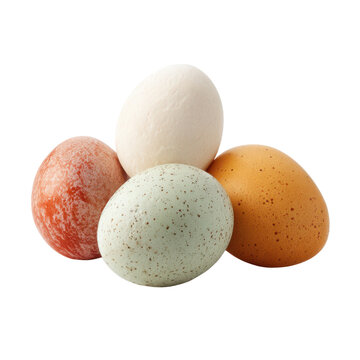 Four Assorted Chicken Eggs in a Pile on Black Background assorted eggs speckled eggs, Isolated On White, Png Transparent, Cut Out