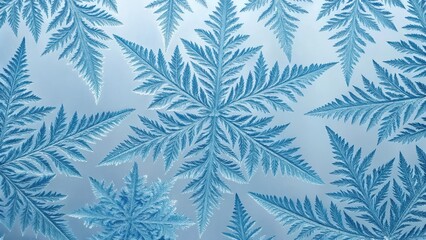 Intricate ice crystals forming delicate fern frond patterns on a frosty window pane