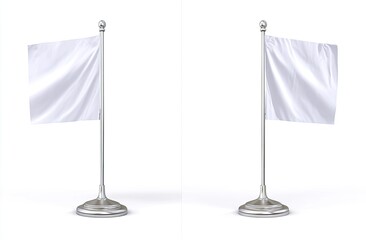 Two blank white flags on silver stands