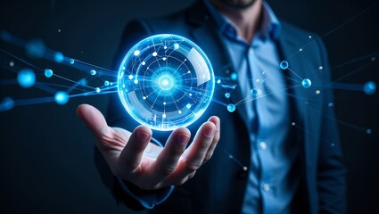 Explore the future of technology a businessman holding a glowing digital sphere