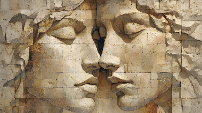 Artistic wooden carved mask stylized romantic hugging couple faces with closed eyes craftsmanship craving. Togtherness, harmony beauty stone. Varved wood carving, old wood carving. 