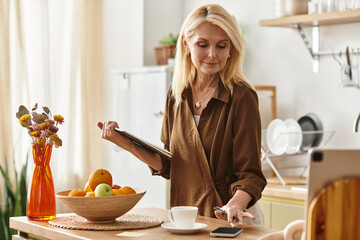 Elegant senior woman enjoying a calm moment in her cozy kitchen while multitasking creatively