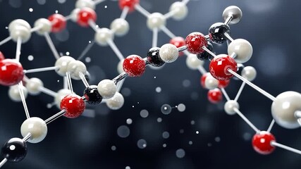 A close-up view of a molecular structure with colored atoms representing chemical bonds. - Powered by Adobe