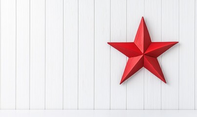 A large, bright red star hangs on a white wooden wall