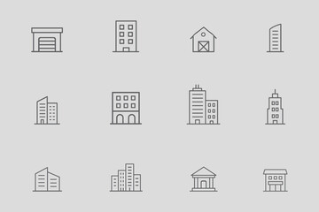 Building line icon set. Vector collection of urban architecture and real estate symbols