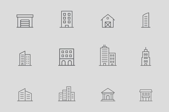 Building line icon set. Vector collection of urban architecture and real estate symbols