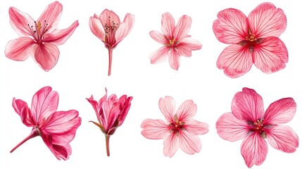 Nine delicate, pastel pink flowers, various angles, isolated on white